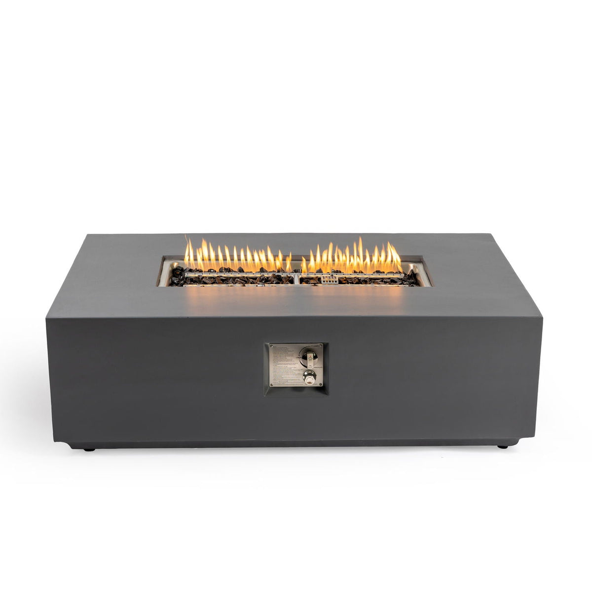 Rectangular fire pit table in light gray with 50,000 BTU burner and lava rock bed on Tampa Home & Garden Store