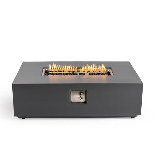 Rectangular fire pit table in light gray with 50,000 BTU burner and lava rock bed on Tampa Home & Garden Store