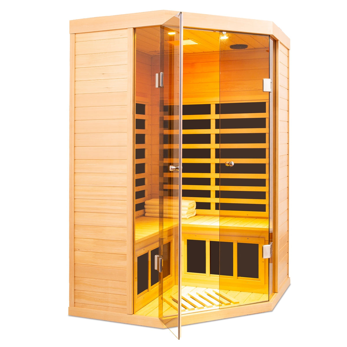 Deluxe Hemlock Far Infrared Corner Sauna with Glass Front for Two, wood interior on Tampa Home & Garden Store