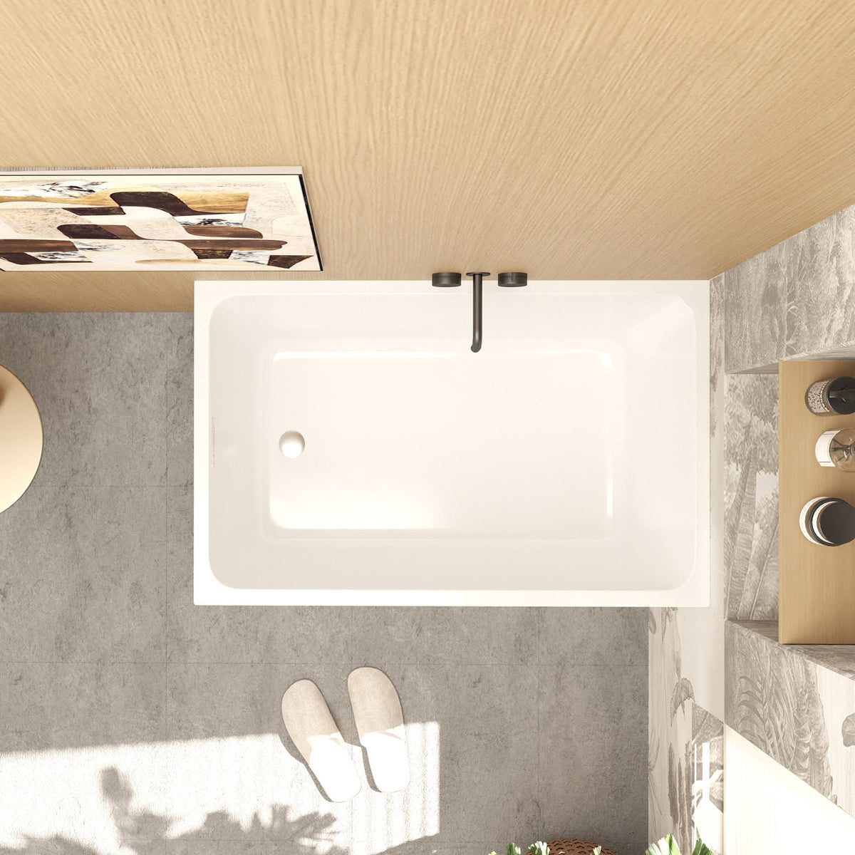 Modern glossy white freestanding acrylic bathtub by HouseOfZazla with black matte faucet on Tampa Home & Garden Store