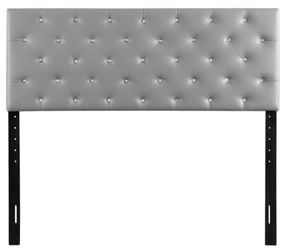 Upholstered headboard with button tufting in silver gray, crystal buttons on Tampa Home & Garden Store
