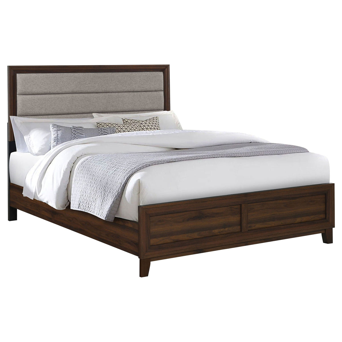 Anza Bed dark wood frame with gray upholstered panel headboard HouseOfZazla panel bed on Tampa Home & Garden Store
