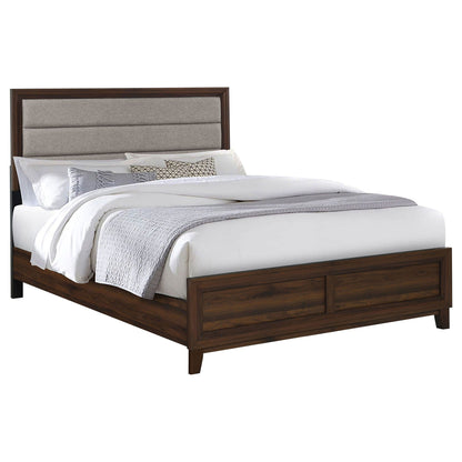 Anza Bed dark wood frame with gray upholstered panel headboard HouseOfZazla panel bed on Tampa Home & Garden Store