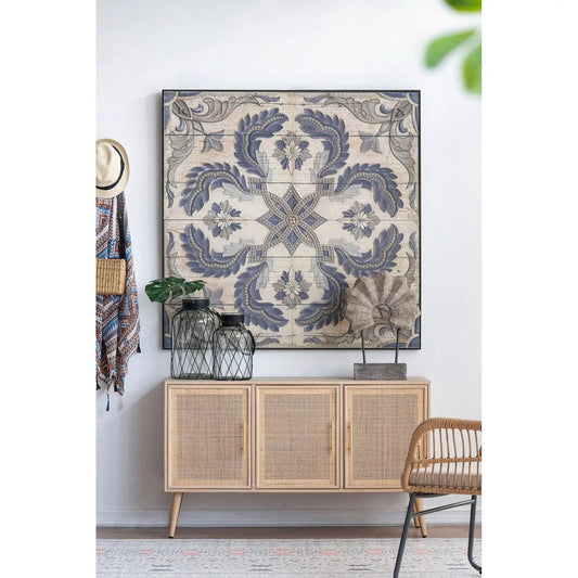 Large square wall decor panel with blue beige tile motif, framed above a woven cabinet on Tampa Home & Garden Store