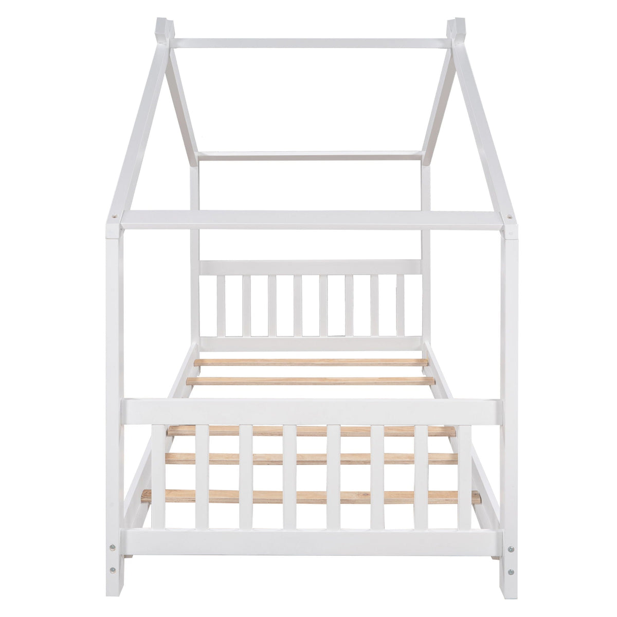House platform bed with roof design in white by HouseOfZazla, slatted wood base on Tampa Home & Garden Store