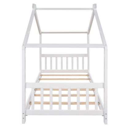 House platform bed with roof design in white by HouseOfZazla, slatted wood base on Tampa Home & Garden Store