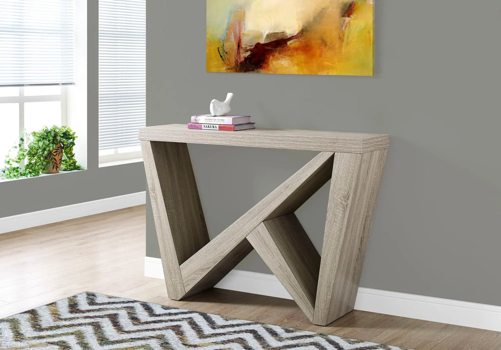 Accent Console Table for Entryway in light oak finish with angular X-frame base on Tampa Home & Garden Store