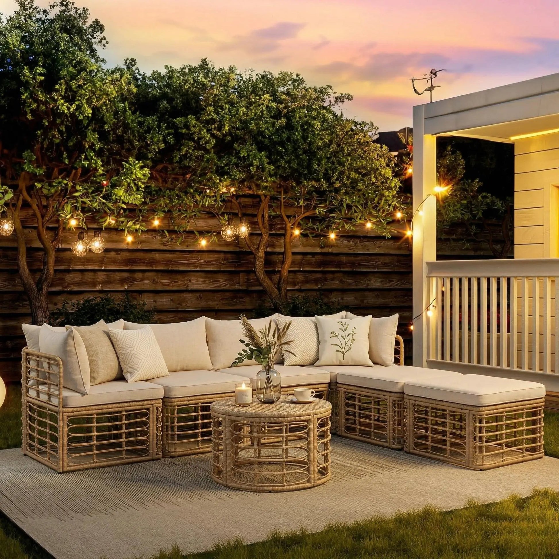 7-piece outdoor rattan sofa set with beige cushions and pillows by Unique Piece Furniture on Tampa Home & Garden Store