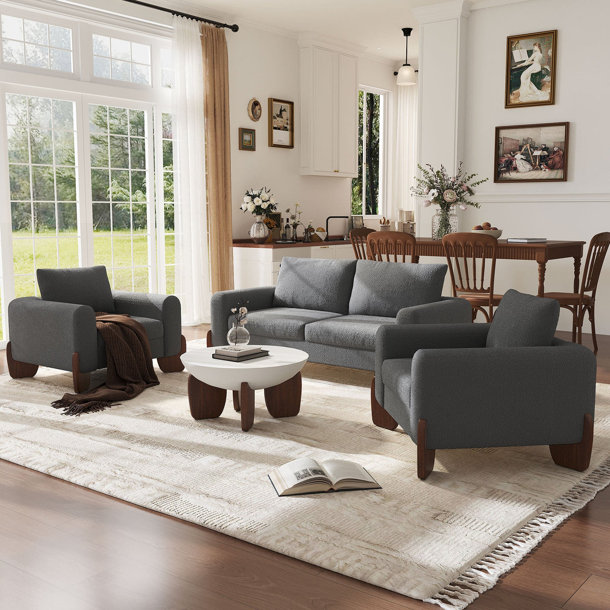 Modern Three Piece Boucle Sofa and Chair Set