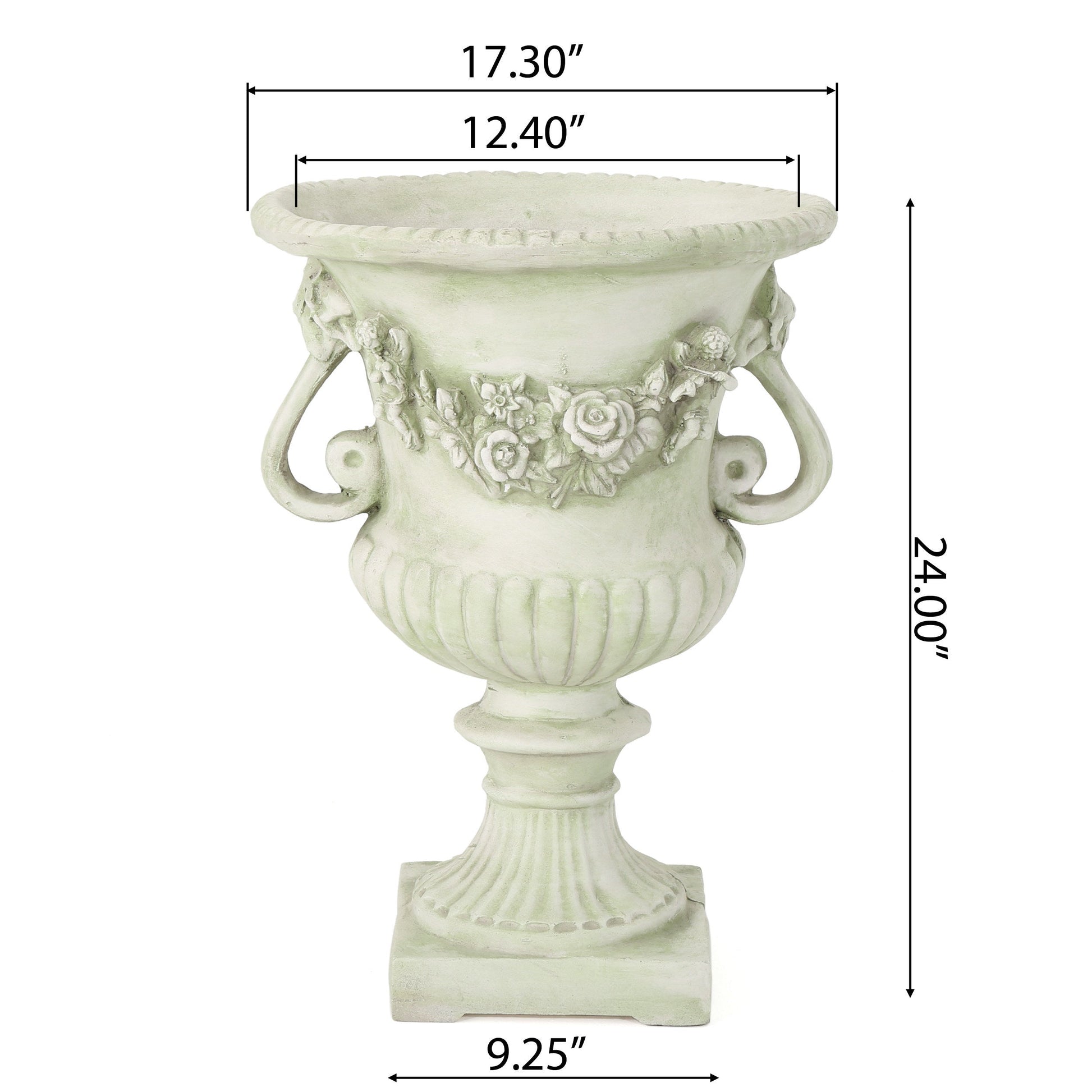 MGO Garden Urn Planter antique green with floral relief on Tampa Home & Garden Store