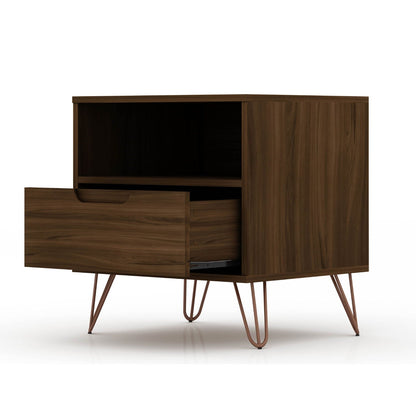Rockefeller Nightstand with 1 drawer and open shelf in walnut finish; HouseOfZazla, splayed legs on Tampa Home & Garden Store