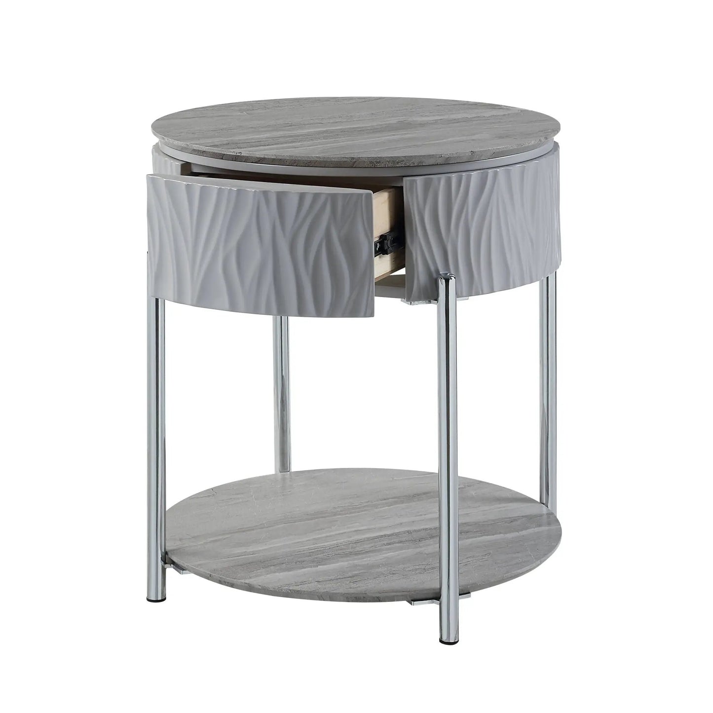 Yukino High Gloss Table round grey top sofa table with textured pedestal base Unique Piece Furniture on Tampa Home & Garden Store