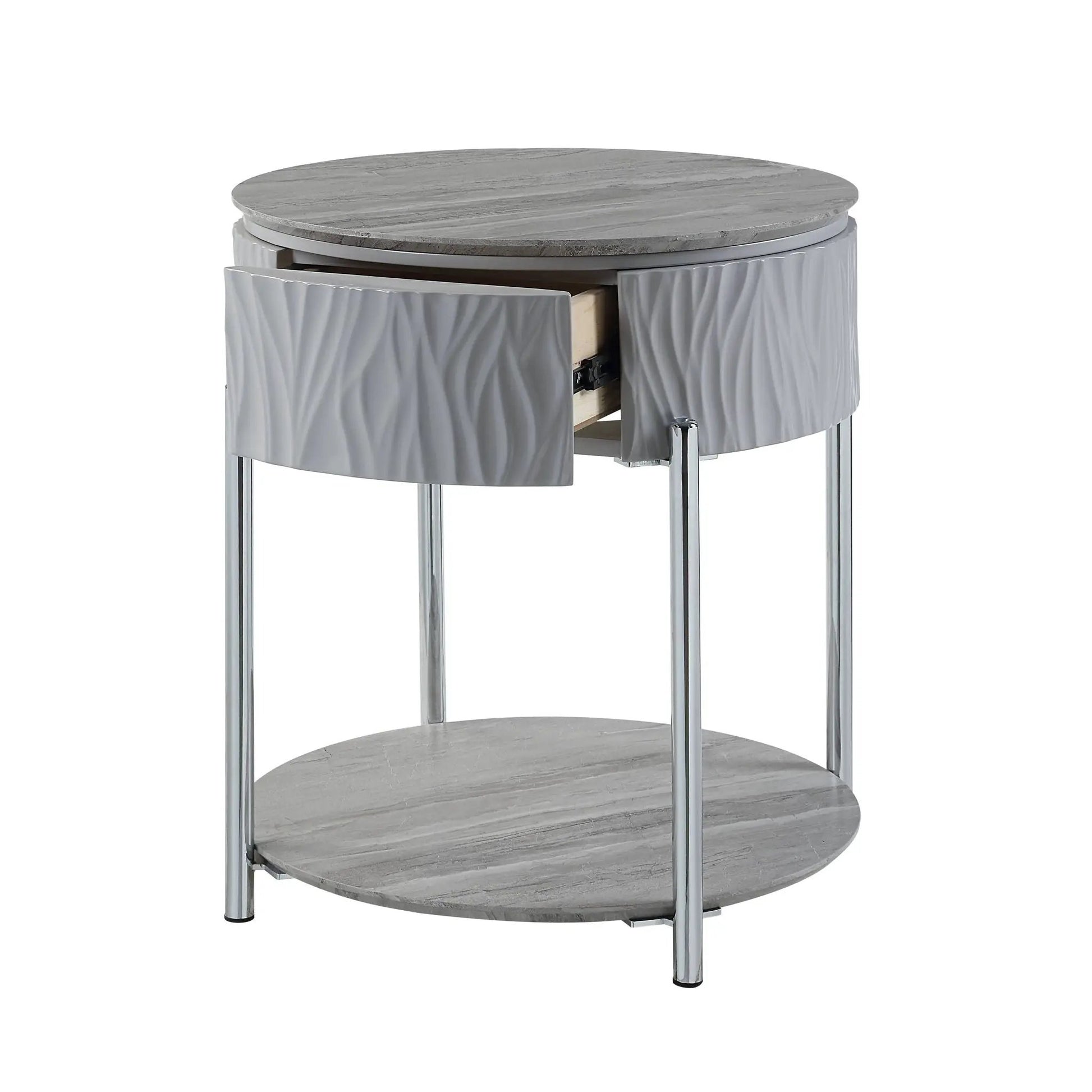 Yukino High Gloss Table round grey top sofa table with textured pedestal base Unique Piece Furniture on Tampa Home & Garden Store
