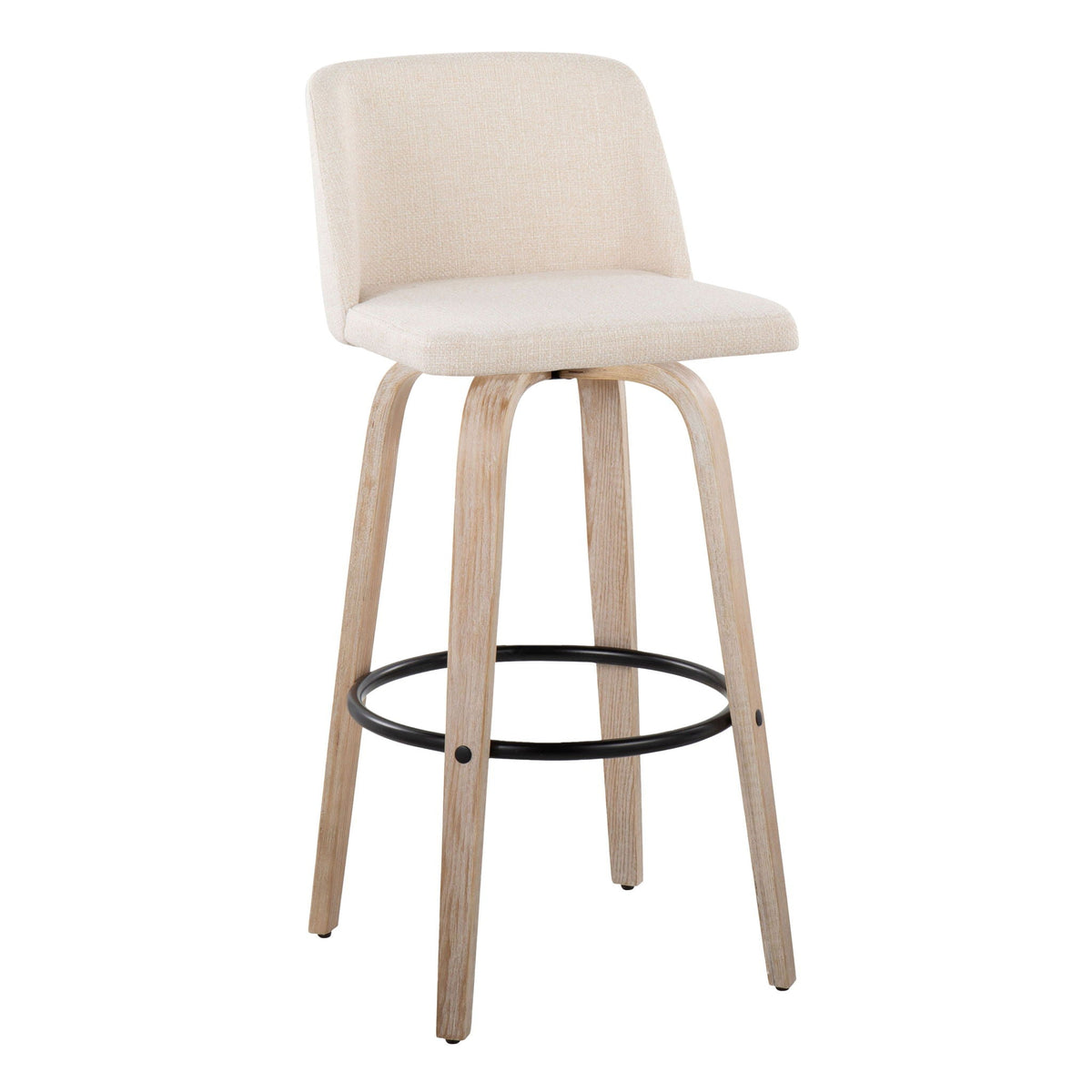 Mid-Century fixed-height bar stool beige fabric, wooden legs, black footrest by HouseOfZazla on Tampa Home & Garden Store