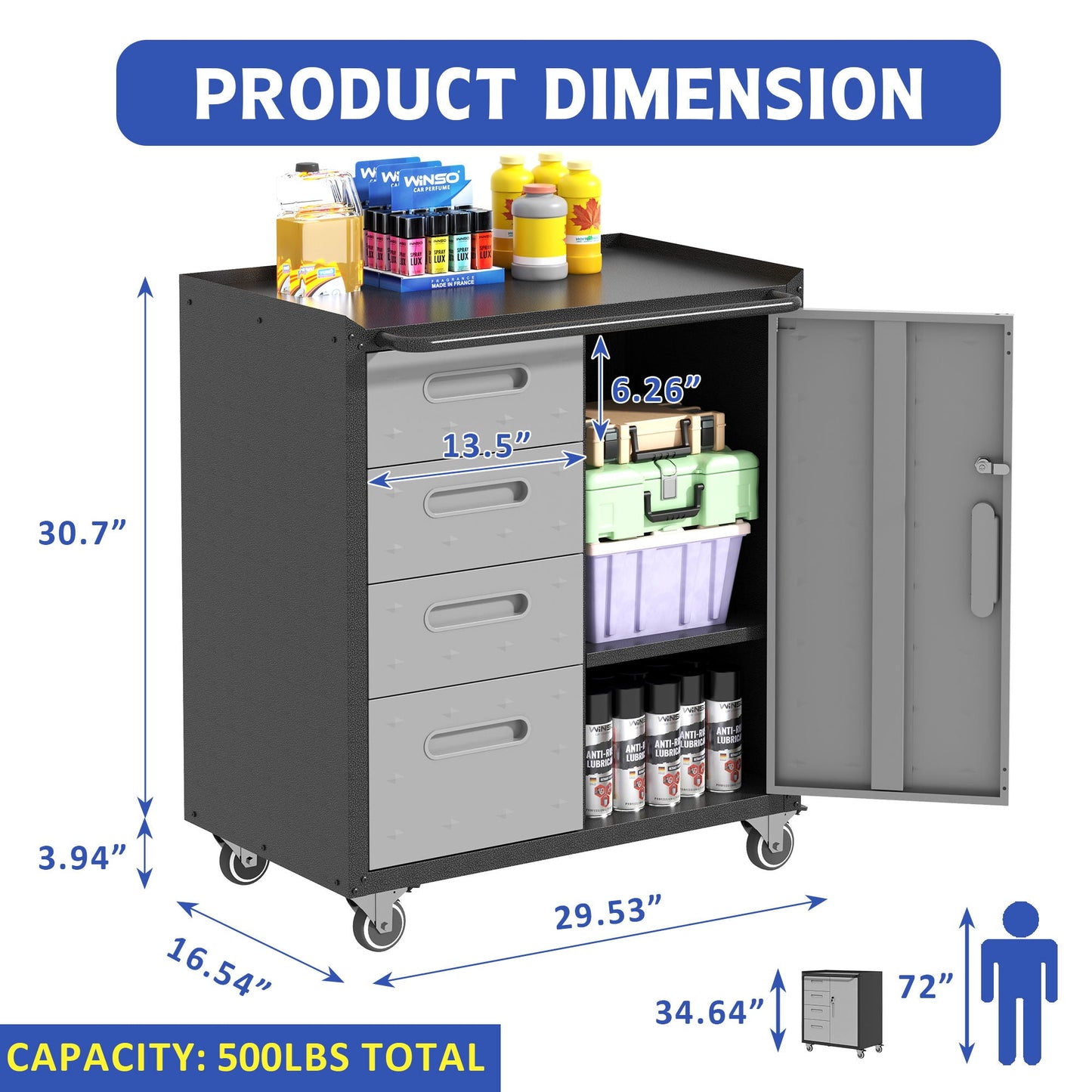 Sturdy metal tool storage cabinet on wheels, black steel, HouseOfZazla, 500 lbs capacity on Tampa Home & Garden Store