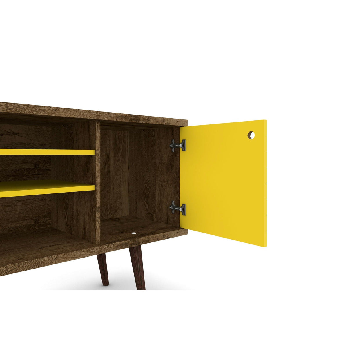 Free Standing TV Stand with Storage in yellow wood finish, dark interior shelves, HouseOfZazla on Tampa Home & Garden Store