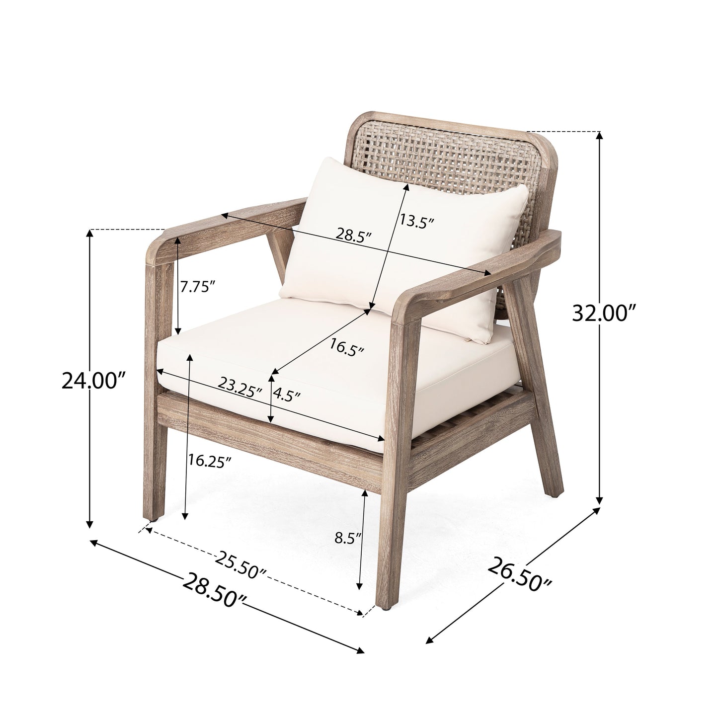 Outdoor Acacia Wood Patio Club Chair with beige cushion and woven back HouseOfZazla on Tampa Home & Garden Store