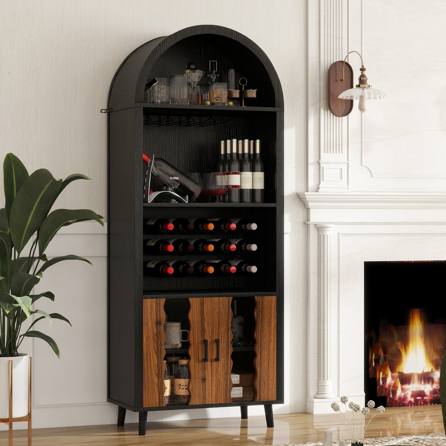 71' Farmhouse Arched Wine Bar Cabinet by HouseOfZazla, black wood wine cabinet on Tampa Home & Garden Store