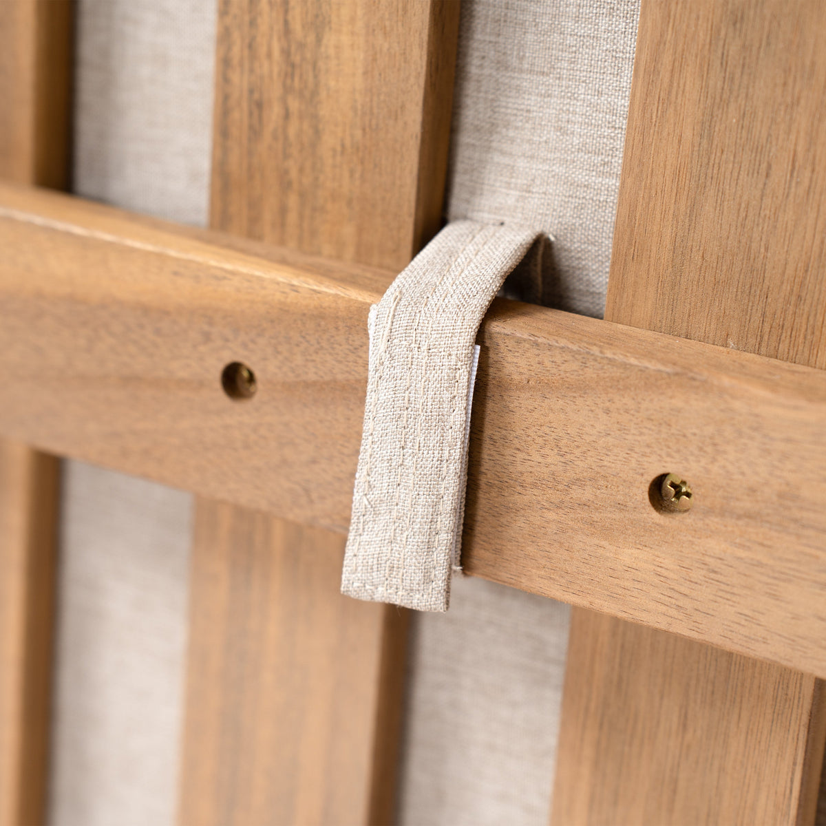 Mallorca Acacia Wood Club Chair beige woven strap detail on Tampa Home & Garden Store