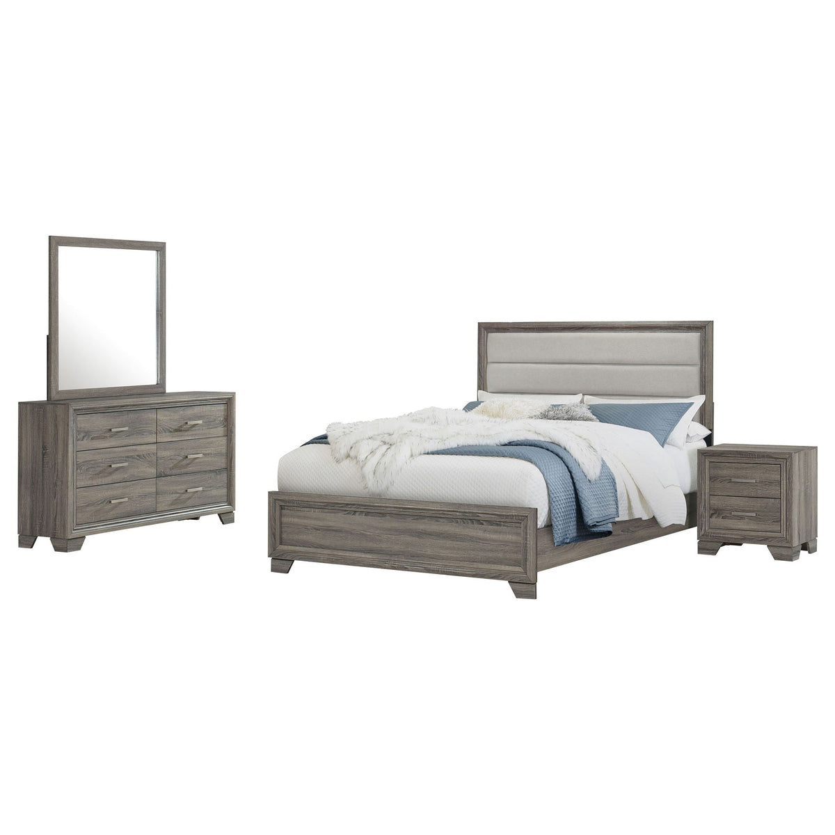 Funston 4 Piece Queen Bedroom Set in oak finish with upholstered headboard and dresser on Tampa Home & Garden Store