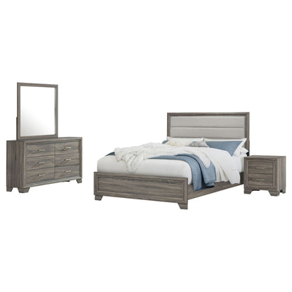 Funston 4 Piece Queen Bedroom Set in oak finish with upholstered headboard and dresser on Tampa Home & Garden Store