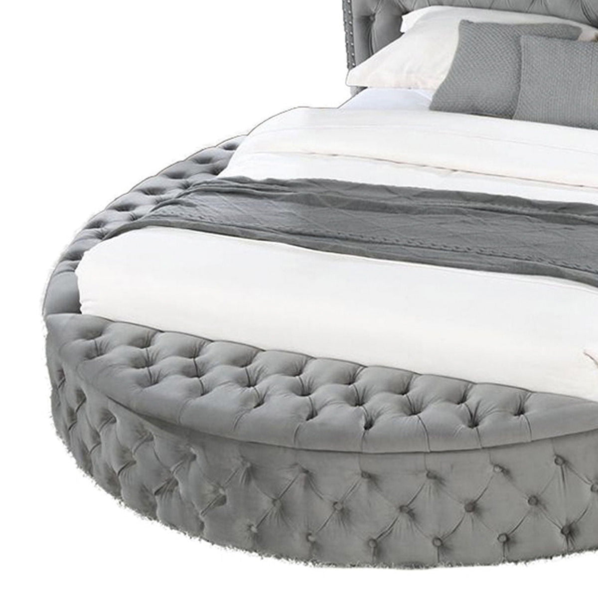 Hazel storage bed gray tufted round frame with plush white bedding by HouseOfZazla on Tampa Home & Garden Store