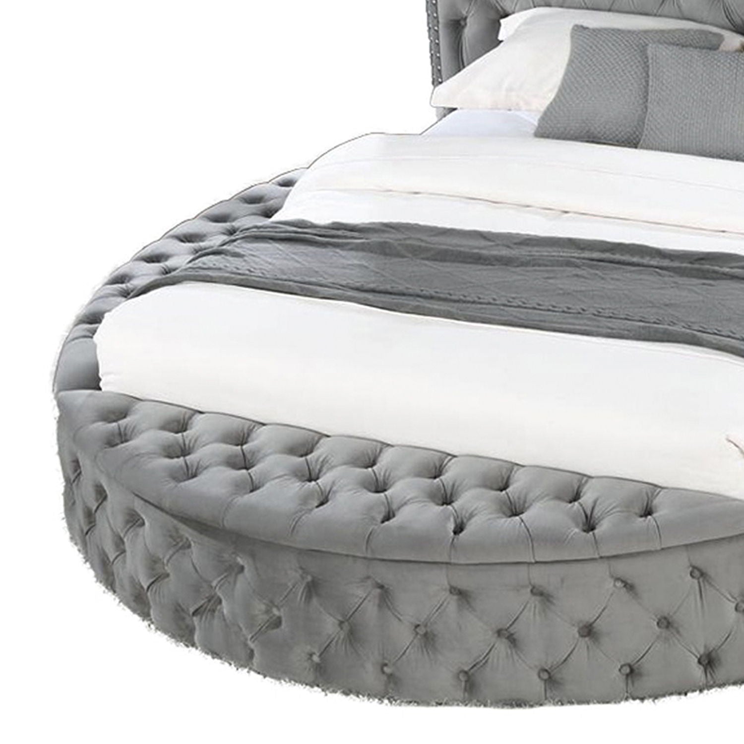 Hazel storage bed gray tufted round frame with plush white bedding by HouseOfZazla on Tampa Home & Garden Store