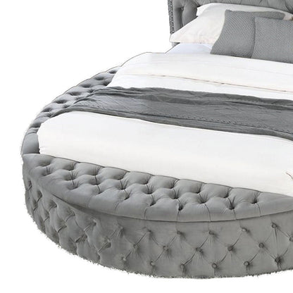 Hazel storage bed gray tufted round frame with plush white bedding by HouseOfZazla on Tampa Home & Garden Store