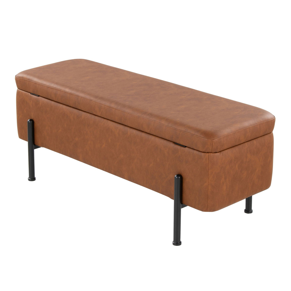 Contemporary Storage Bench with Flip-Top Storage camel faux leather, black metal legs on Tampa Home & Garden Store