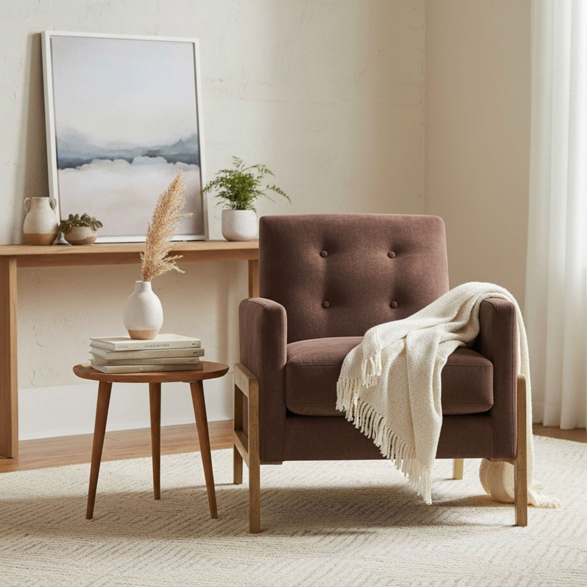 Tufted Back Accent Chair in commercial-grade dark brown upholstery with wood legs on Tampa Home & Garden Store