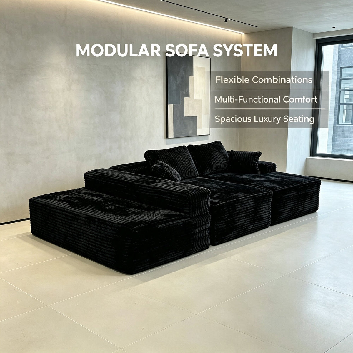 131-Inch Big Size Modular Sectional Oversized Sofa 3-piece black corduroy fabric by HouseOfZazla on Tampa Home & Garden Store