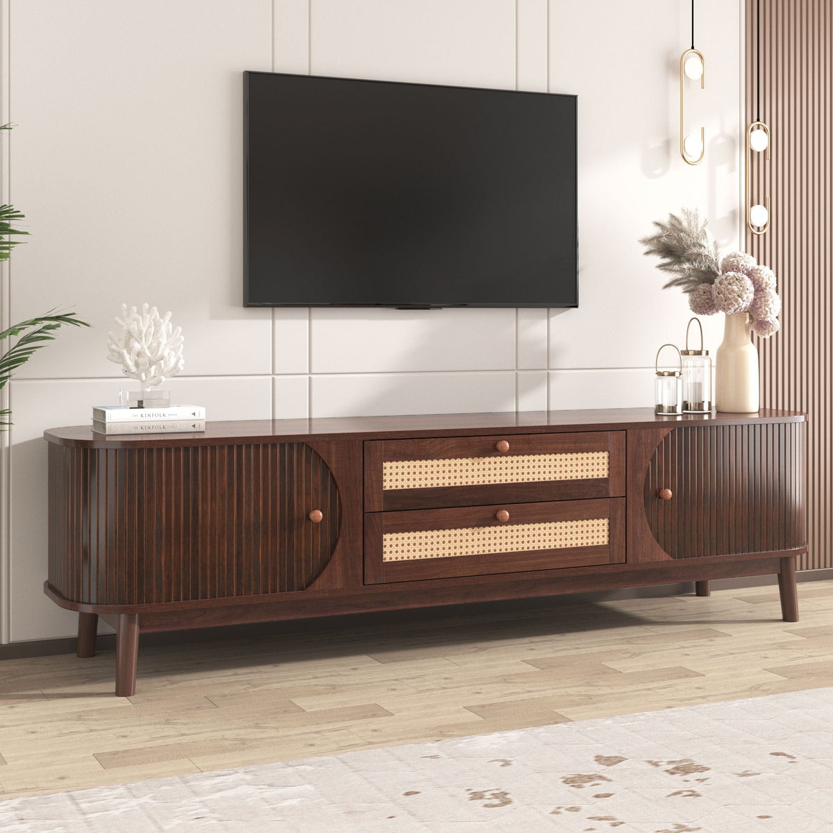 HouseOfZazla TV Stand natural wood with cane-front panels and drawers for 75-inch TVs on Tampa Home & Garden Store