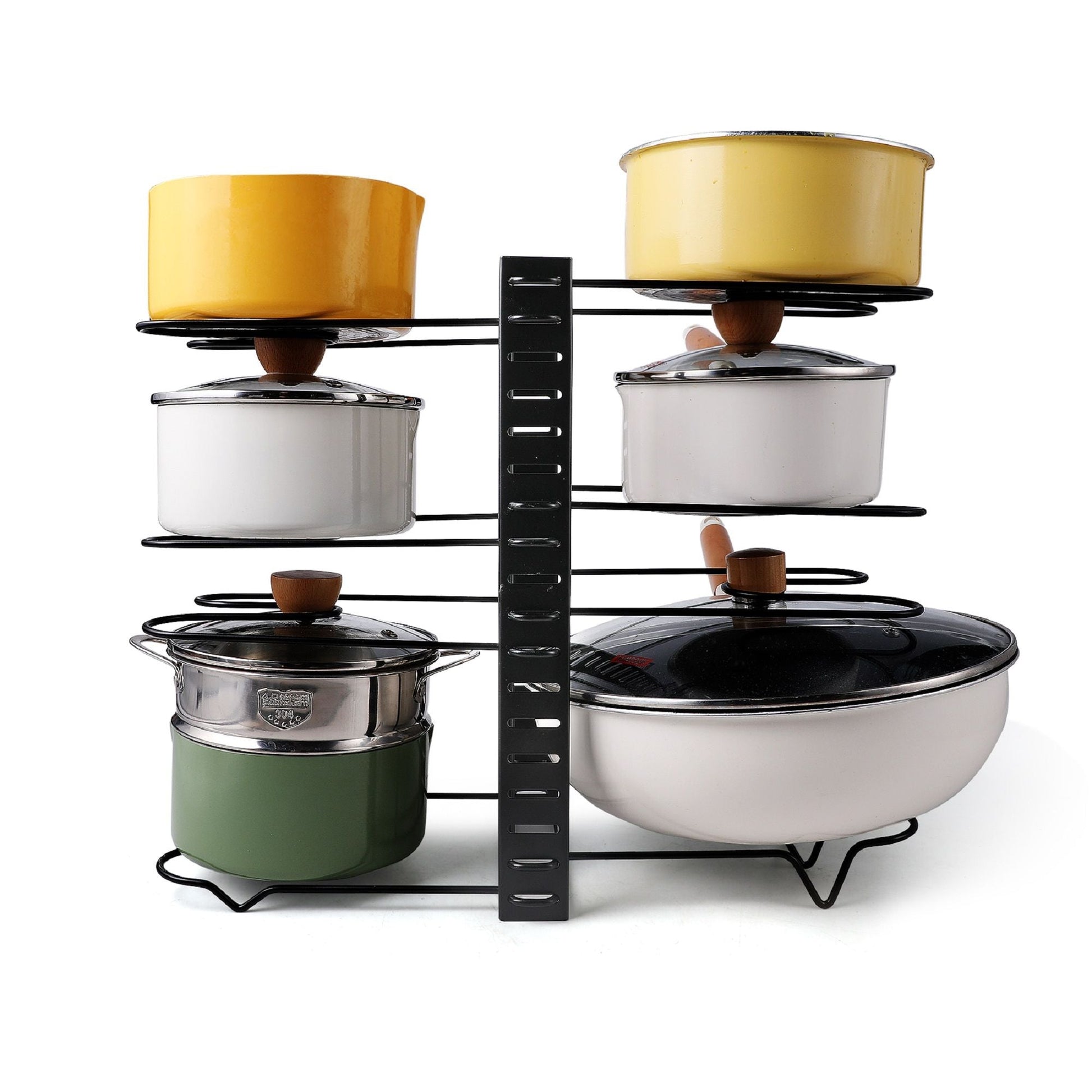 Adjustable Pot Rack - Black with yellow and white enamel pots on black frame on Tampa Home & Garden Store