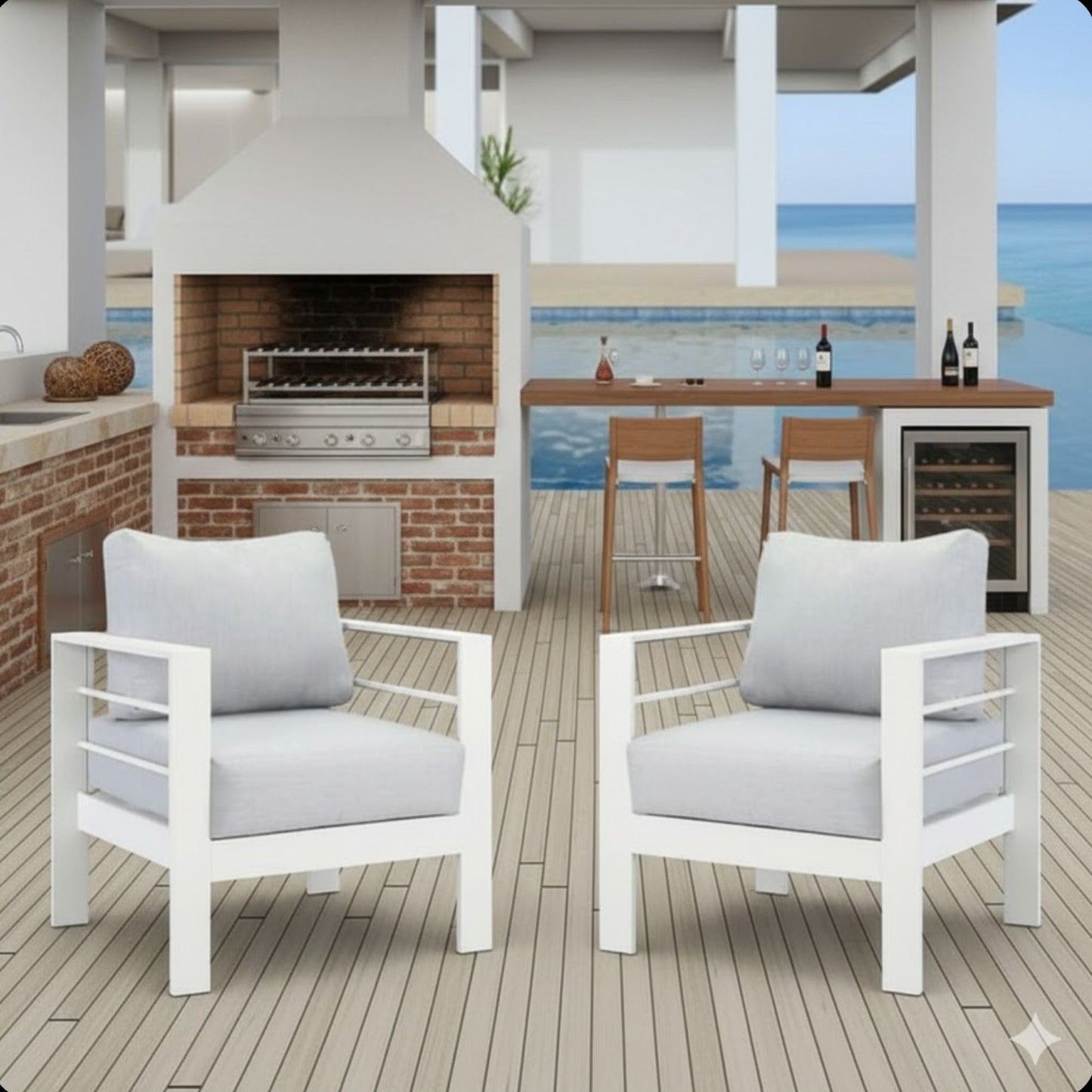 Modern all-weather patio armchairs with thick gray cushions, set of 2, white frames on Tampa Home & Garden Store