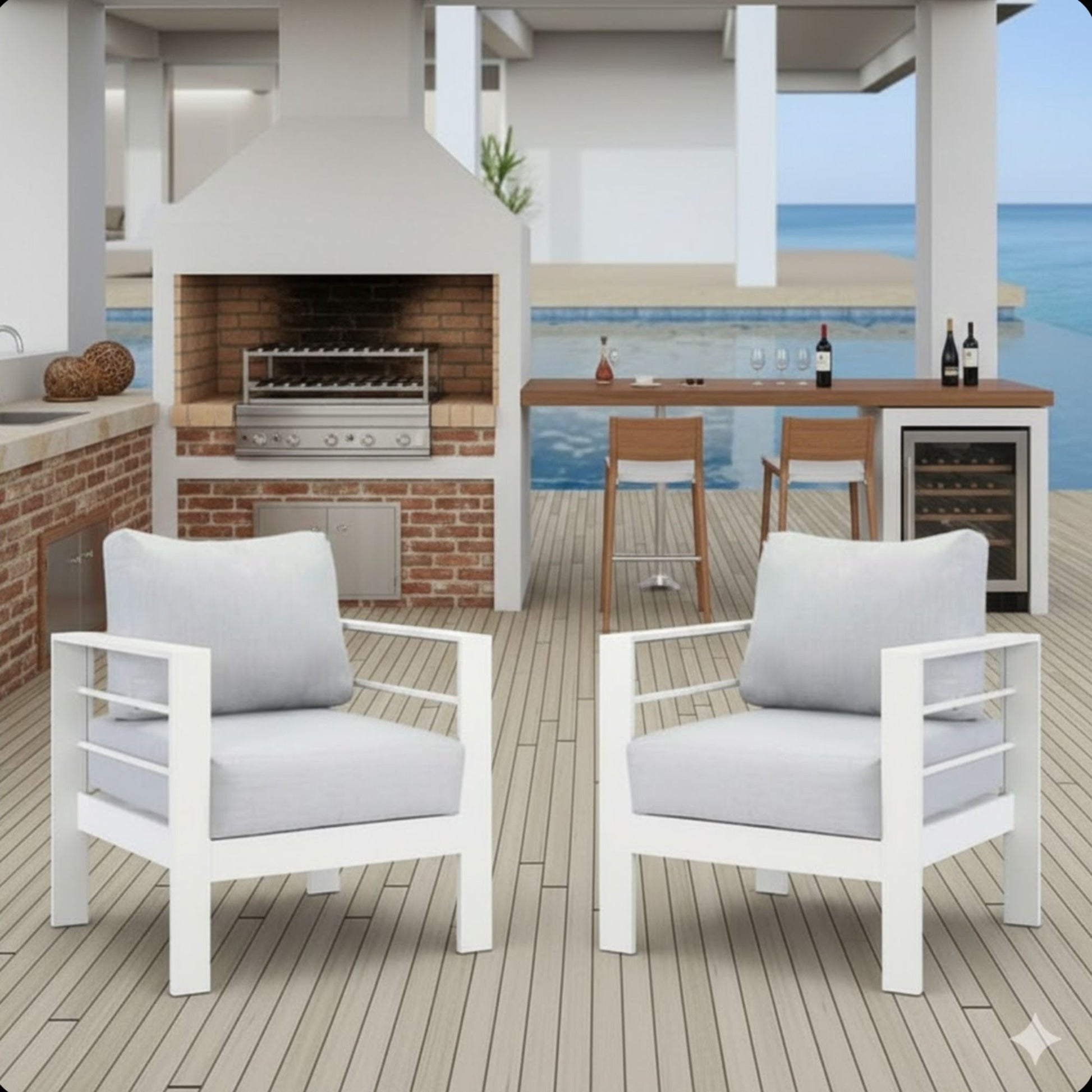 Modern all-weather patio armchairs with thick gray cushions, set of 2, white frames on Tampa Home & Garden Store