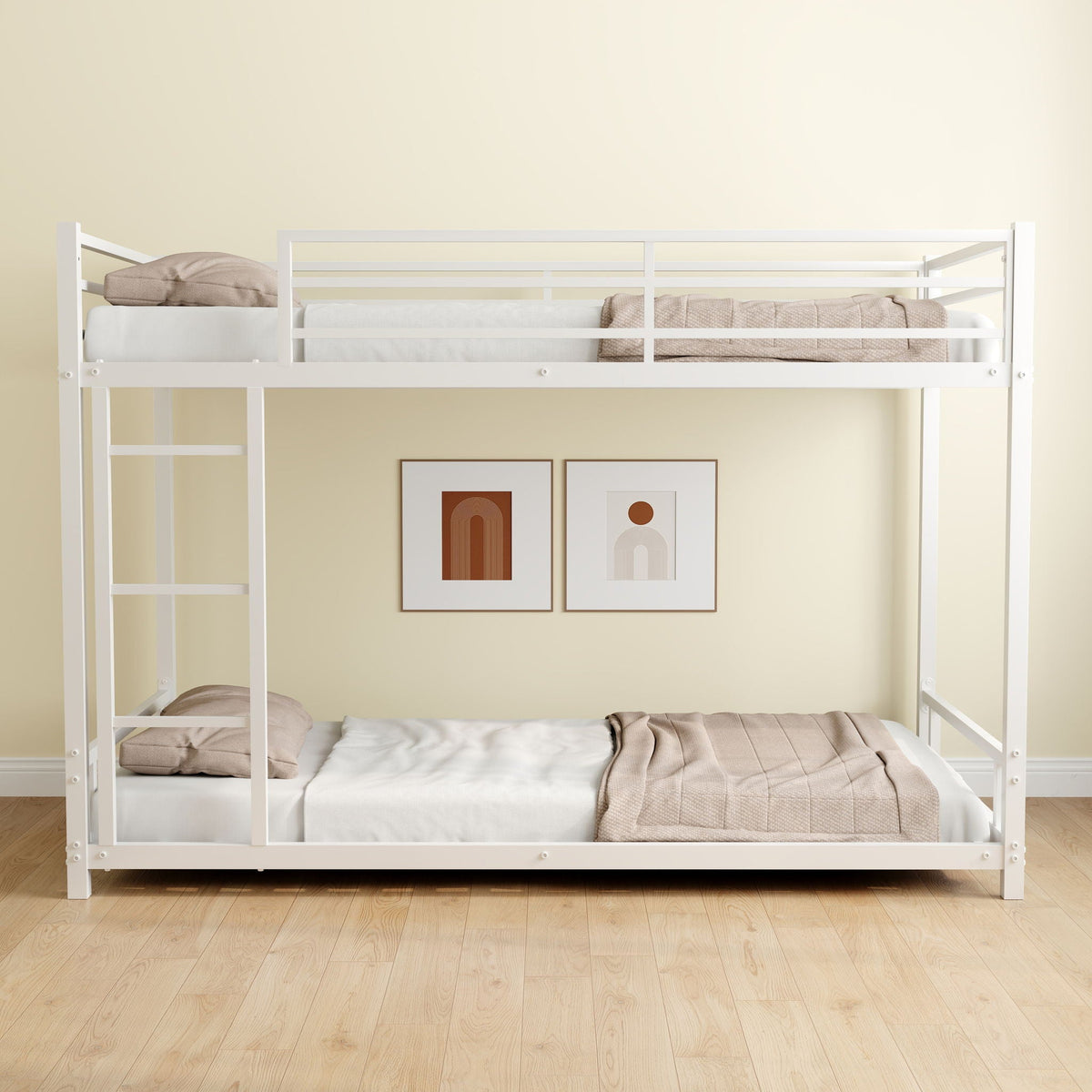 White metal bunk bed with two beds and beige bedding on Tampa Home & Garden Store