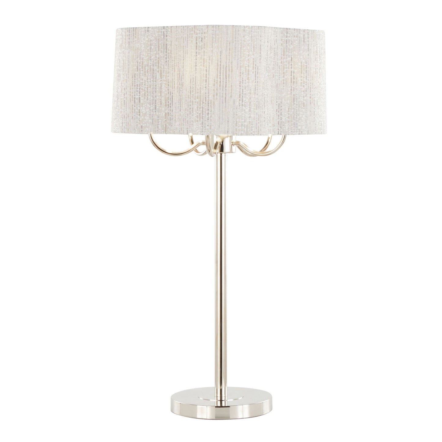Lily contemporary table lamp with polished nickel base and gray linen shade on Tampa Home & Garden Store