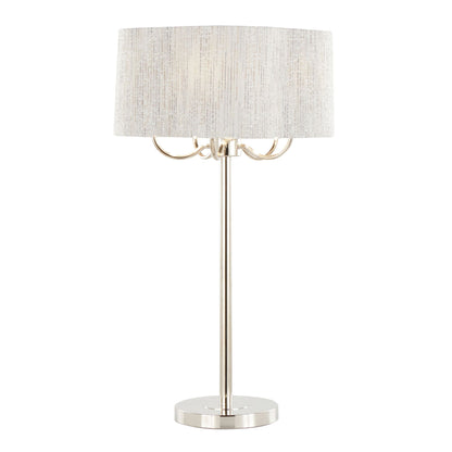 Lily contemporary table lamp with polished nickel base and gray linen shade on Tampa Home & Garden Store