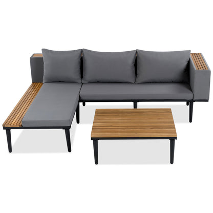 L Shaped Acacia Wood Outdoor Patio Sofa and Table