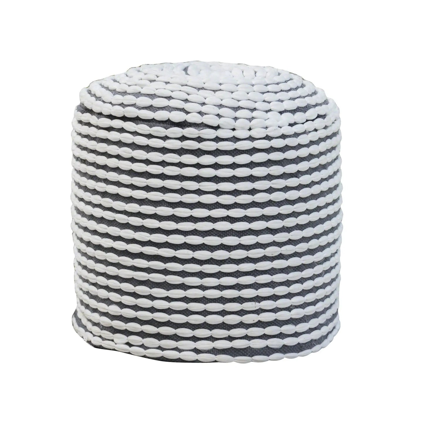 River handcrafted cylindrical pouf with white braided bands on dark grey water resistant fabric on Tampa Home & Garden Store