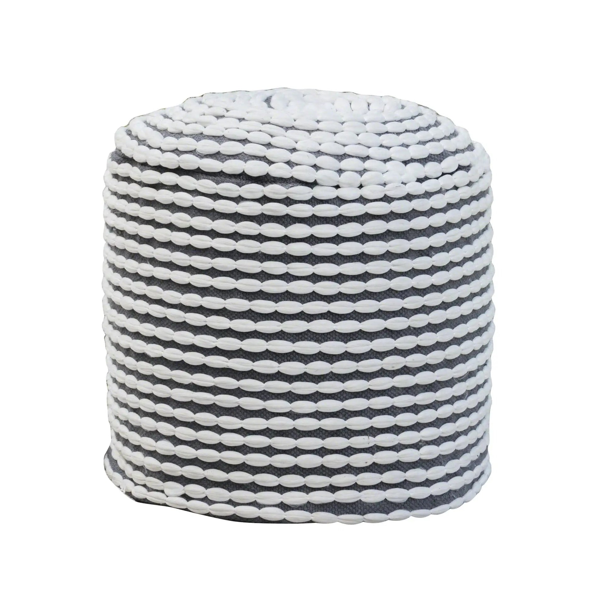 River handcrafted cylindrical pouf with white braided bands on dark grey water resistant fabric on Tampa Home & Garden Store