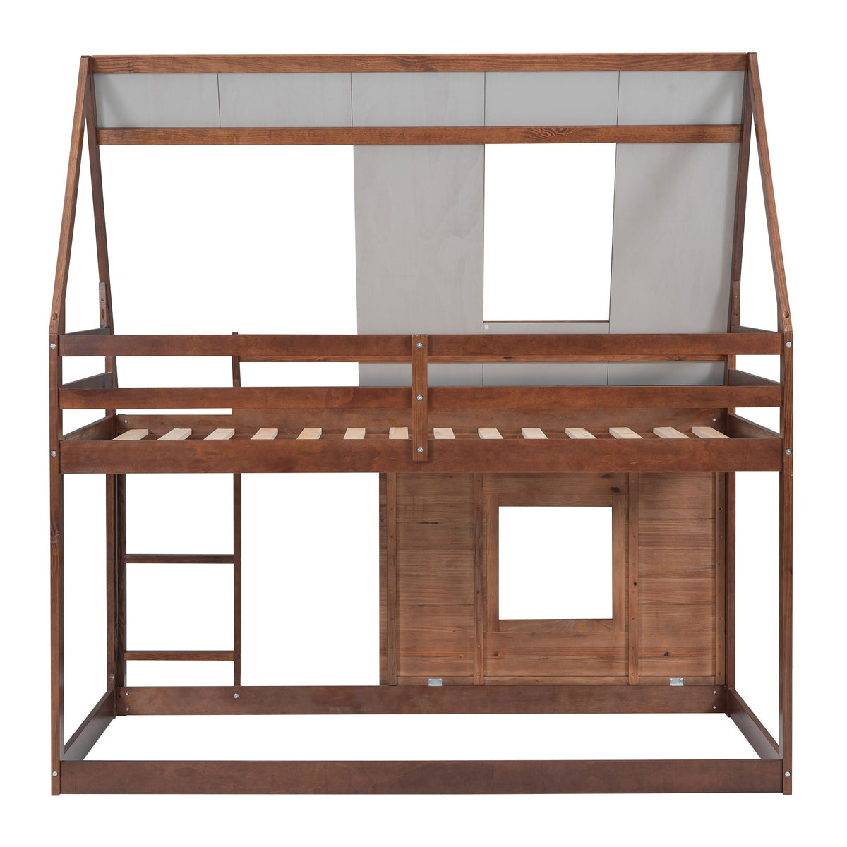 Wood twin size house bunk bed with oak finish and smoky gray panels, ladder and two windows on Tampa Home & Garden Store