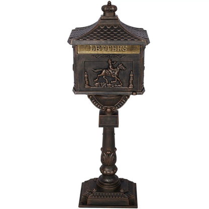 Cast aluminum mailbox in bronze finish with pagoda roof and rider-on-horse relief outdoor decor on Tampa Home & Garden Store