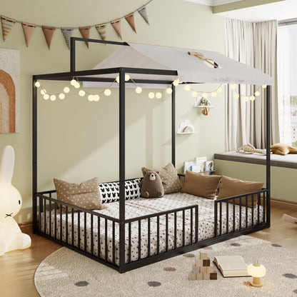3-in-1 Montessori floor bed with fenced support, black metal frame and white canopy on Tampa Home & Garden Store