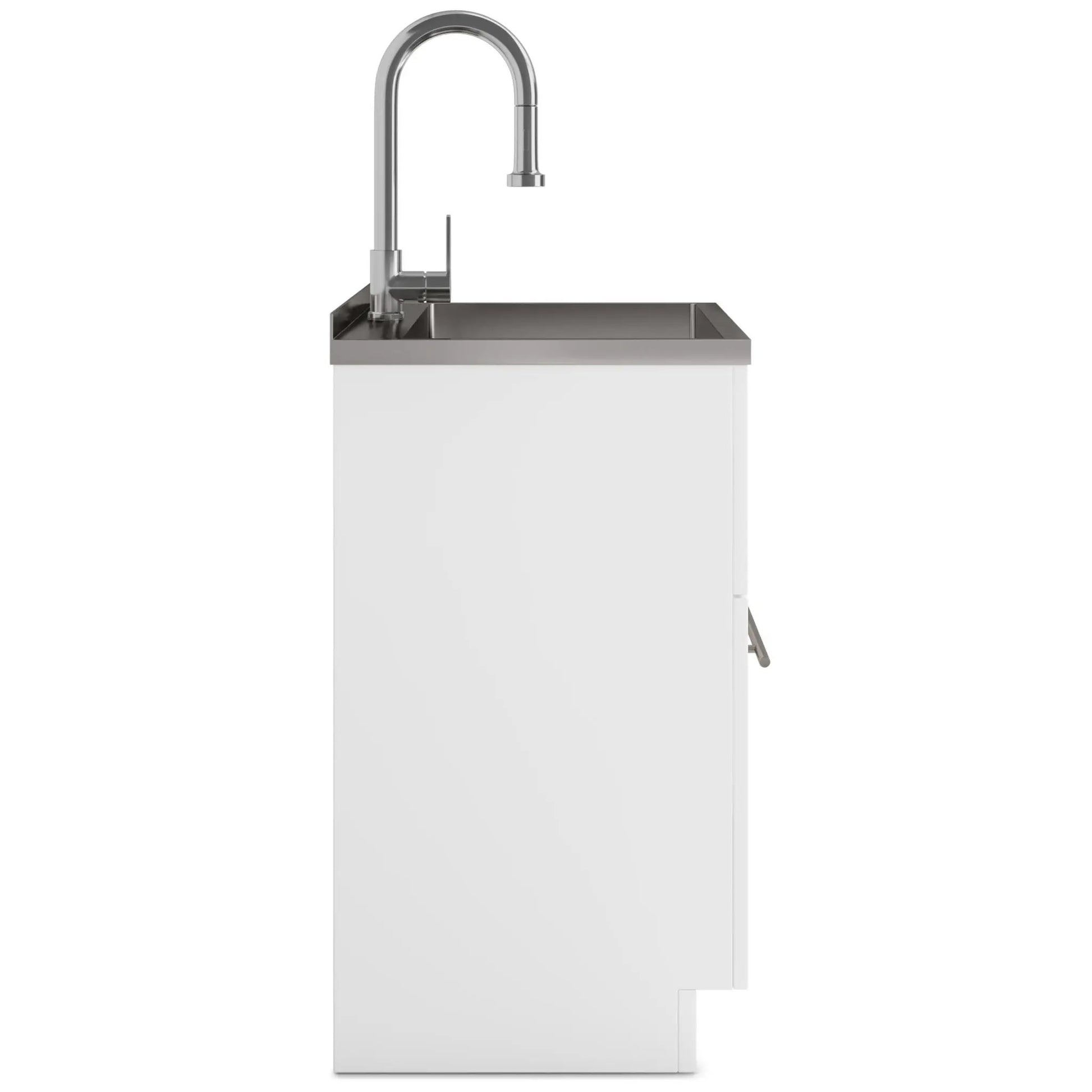 Metro laundry cabinet with gooseneck chrome faucet and stainless steel sink on Tampa Home & Garden Store