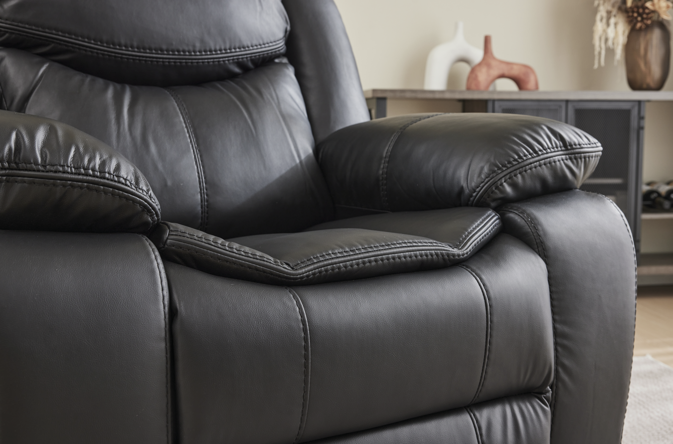 HouseOfZazla black leather recliner chair with padded armrests and clean stitching on Tampa Home & Garden Store