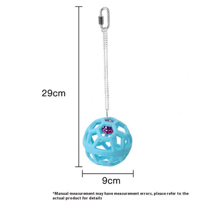 Plastic blue lattice ball parrot chew toy with purple gem, hanging chain and carabiner on Tampa Home & Garden Store