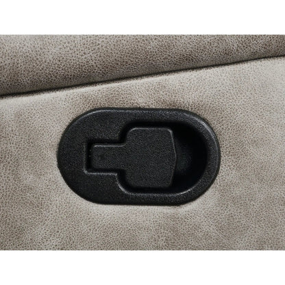 Brazelton Swivel Glider Recliner closeup in textured brown faux leather with black knob on Tampa Home & Garden Store