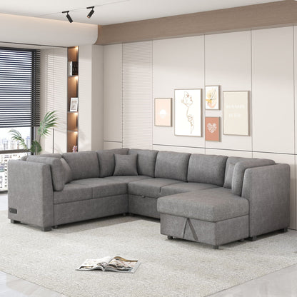 U-shaped sleeper sectional sofa in gray fabric with storage chaise in a modern living room on Tampa Home & Garden Store
