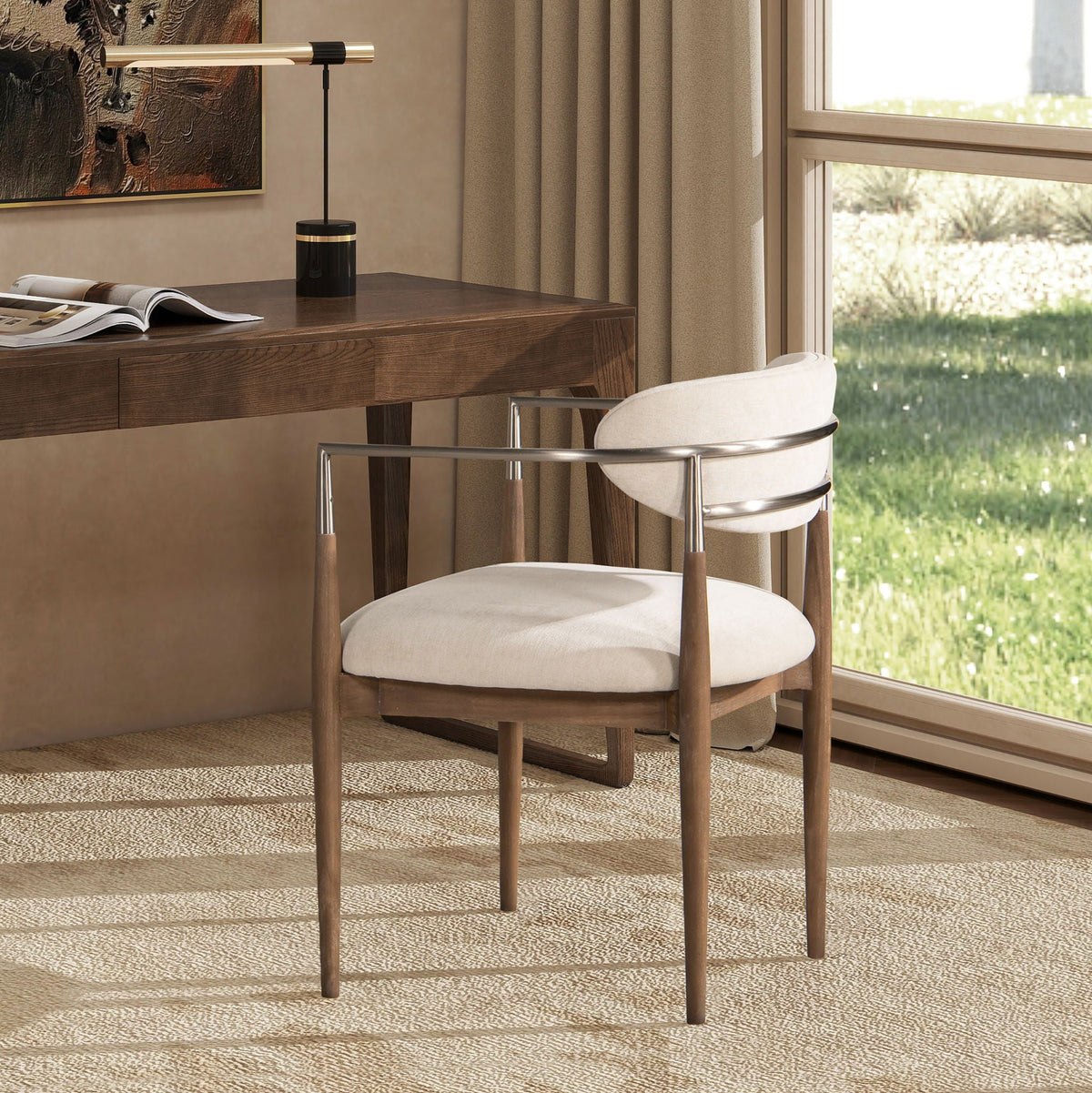 Artemis dining arm chairs in warm white upholstery with brushed nickel arms pair on Tampa Home & Garden Store